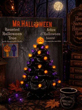 NIB Mr. Halloween 14" Black Ceramic Haunted Tree Light Up Tabletop Decor